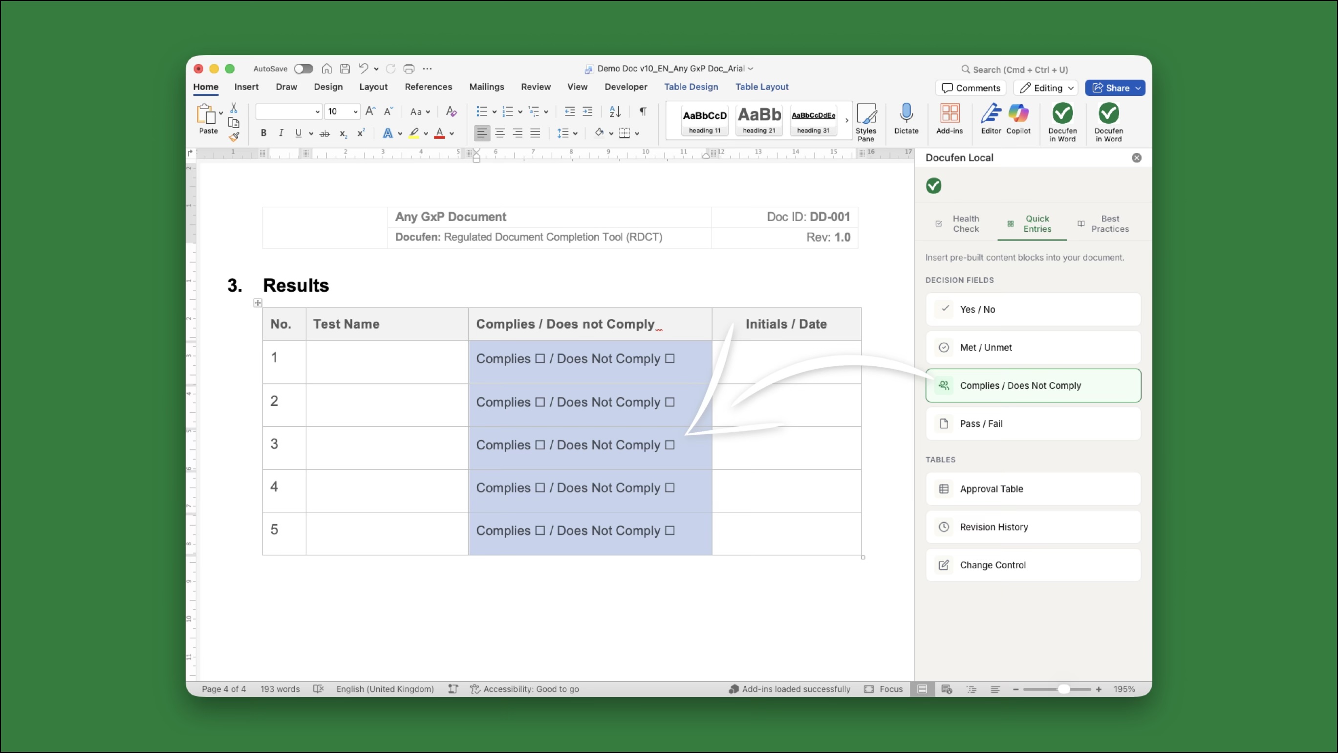 Quick Entries — inserting Complies/Does Not Comply fields into a results table